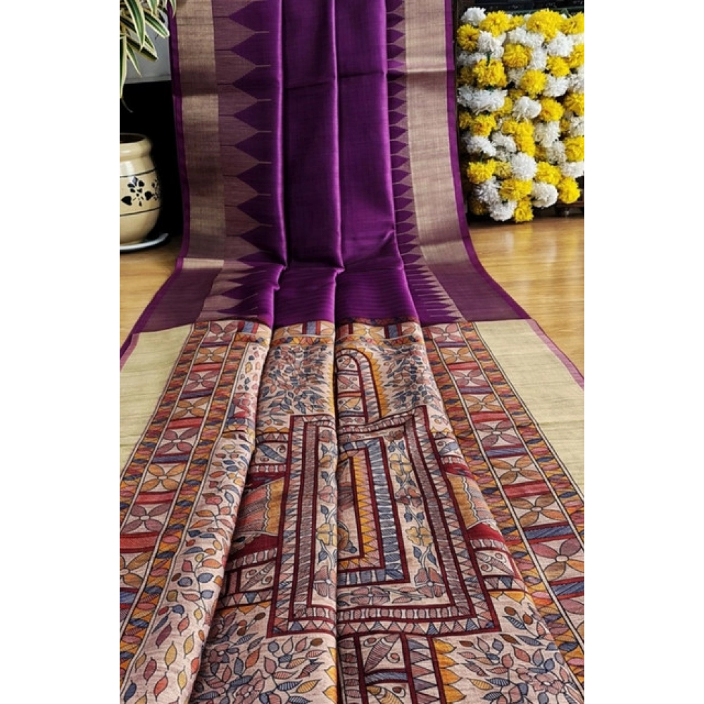 Women's Tussar Silk Madhubani Saree With Unstitched Blouse 5.5Mtr (Purple)
