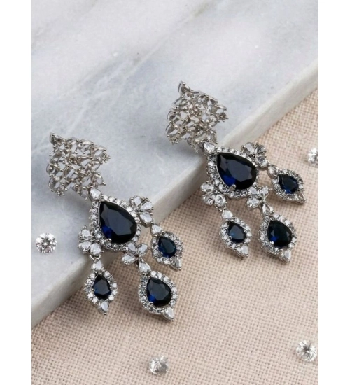 Women's Brass Silver Plated Drop Earrings (Blue)