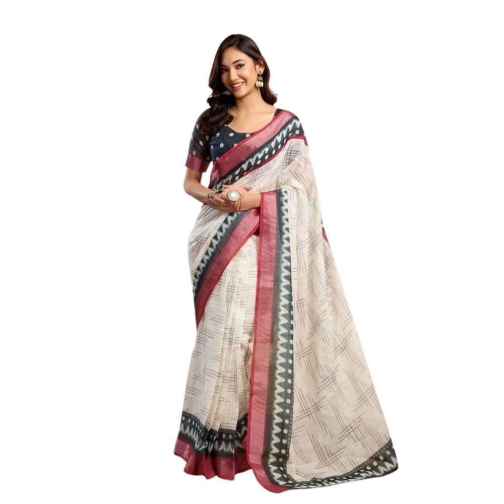 Women's Faux Linen Floral Print Ready to wear Saree With Unstitched Blouse 5.5Mtr (OffWhite) Women's Faux Linen Floral Print Ready to wear Saree With Unstitched Blouse 5.5Mtr (OffWhite)