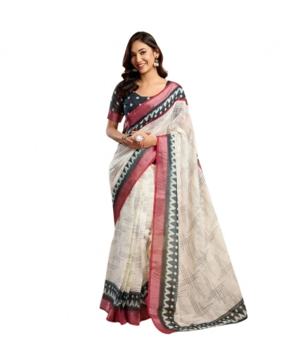 Women's Faux Linen Floral Print Ready to wear Saree With Unstitched Blouse 5.5Mtr (OffWhite) Women's Faux Linen Floral Print Ready to wear Saree With Unstitched Blouse 5.5Mtr (OffWhite)