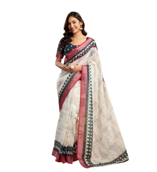 Women's Faux Linen Floral Print Ready to wear Saree With Unstitched Blouse 5.5Mtr (OffWhite)