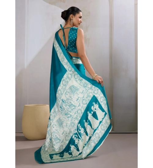 Women's Satin Crepe Printed Saree With Unstitched Blouse 5.5Mtr (Sky Blue)
