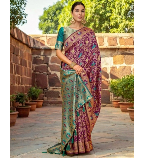 Women's Silk Blend Woven Paithani Saree With Unstitched Blouse 5.5Mtr (Purple)