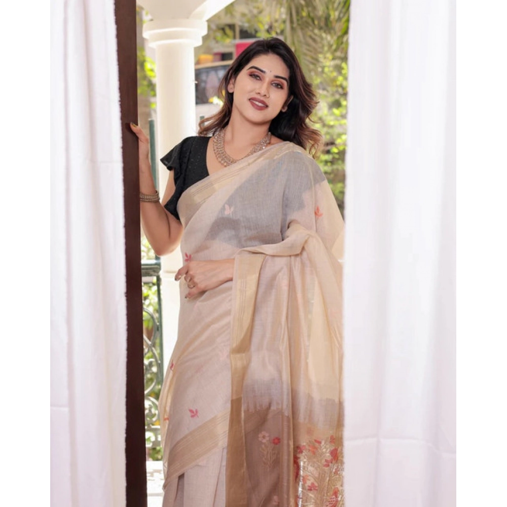 Women's Blended_Cotton Woven_Motifs Saree With Unstitched Blouse 5.5Mtr (Light_Beige)
