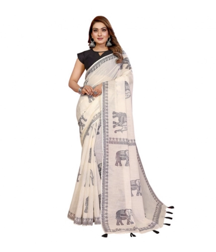 Women's Linen Cotton Printed Saree With Unstitched Blouse 5.5Mtr (Off White)