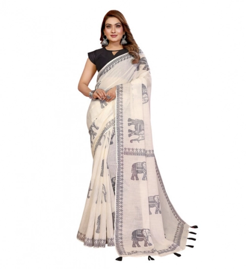 Women's Linen Cotton Printed Saree With Unstitched Blouse 5.5Mtr (Off White)