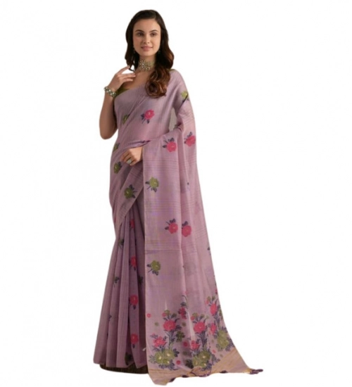 Women's Blended_Cotton Floral Motifs And Woven Buttas Saree With Unstitched Blouse 5.5Mtr (Lavender)