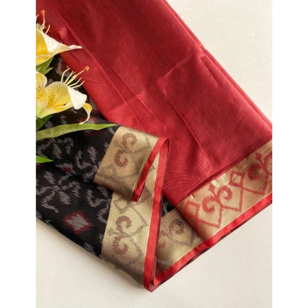 Women's Raw Silk Ikkat Saree With Unstitched Blouse 5.5Mtr (Black)