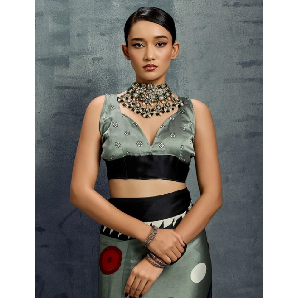 Women's Satin Crepe Printed Saree With Unstitched Blouse 5.5Mtr (Multicolor)