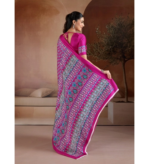 Women's Satin Crepe Printed Saree With Unstitched Blouse 5.5Mtr (Pink)