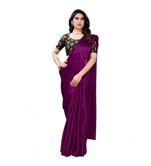 Women's Satin Printed Saree With Unstitched Blouse 5.5Mtr (Purple)