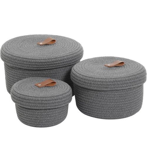 Cotton 3 Pcs Set Roti Box Storage Basket With Lid (Gray)