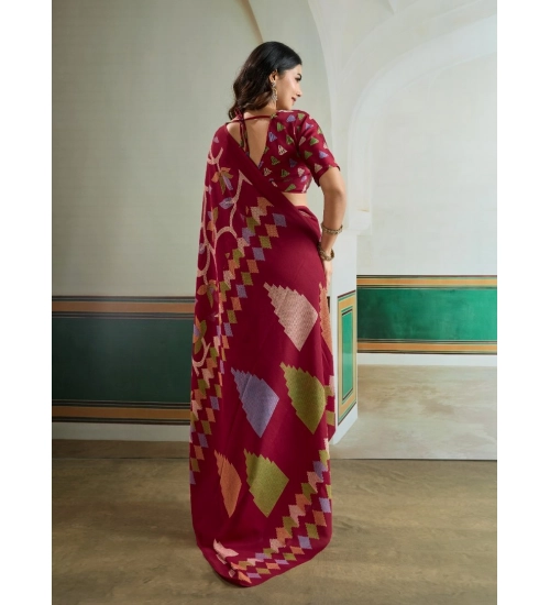Women's Satin Crepe Printed Saree With Unstitched Blouse 5.5Mtr (Maroon)