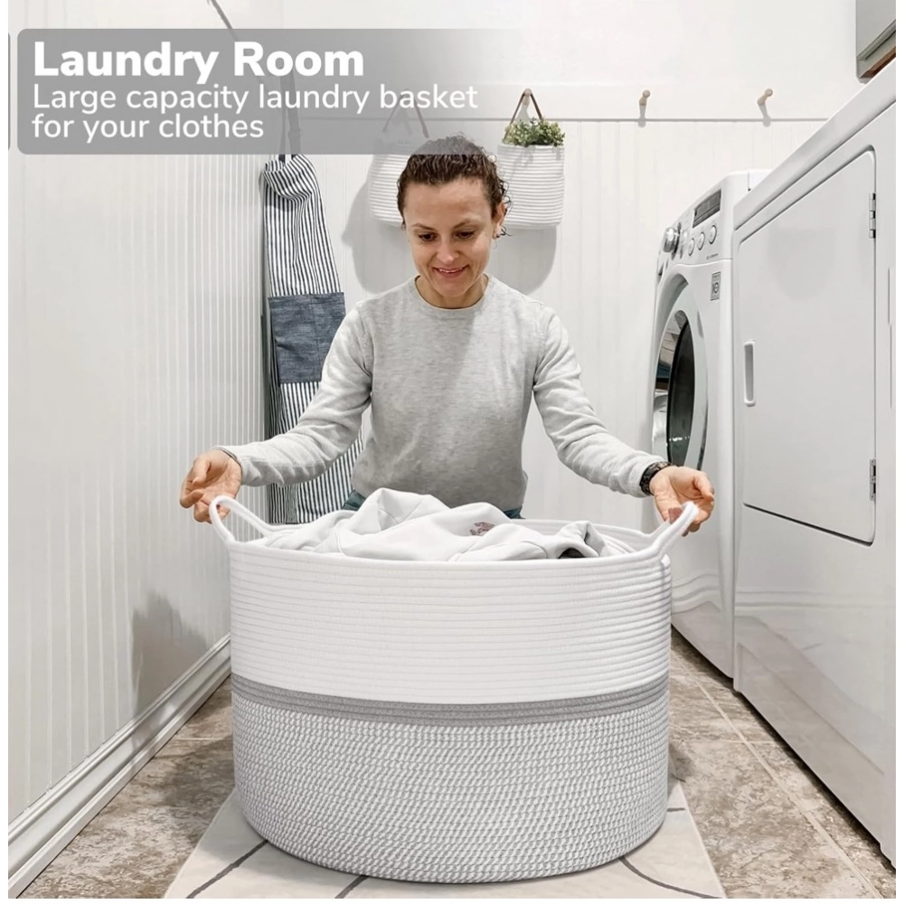 Cotton Dori 16x14 Inch Storage Basket For Clothes (White-Gray White)