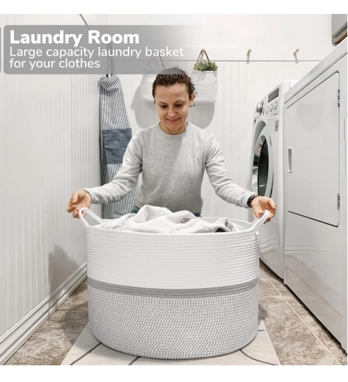 Cotton Dori 16x14 Inch Storage Basket For Clothes (White-Gray White)