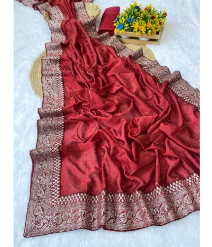 Women's Silk Embroidred Saree With Unstitched Blouse 5.5Mtr (Red)