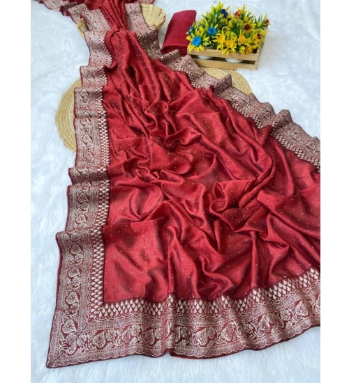 Women's Silk Embroidred Saree With Unstitched Blouse 5.5Mtr (Red)