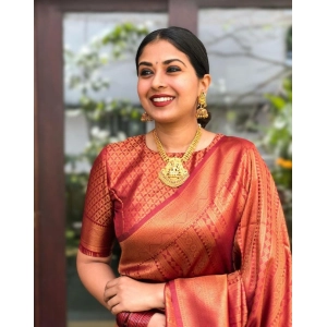 Generic Women's Litchi silk Printed Saree With Unstitched Blouse (Red)