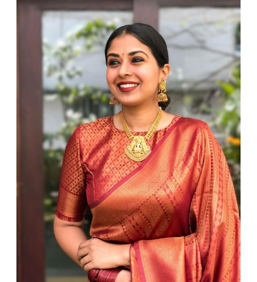 Women's Litchi silk Printed Saree With Unstitched Blouse (Red)