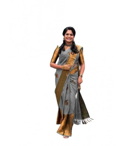 Women's Soft Lichi Silk Printed Saree With Unstitched Blouse 5.5Mtr (Grey)
