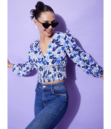Women's Polyester Floral Long Sleeves Top (Blue)