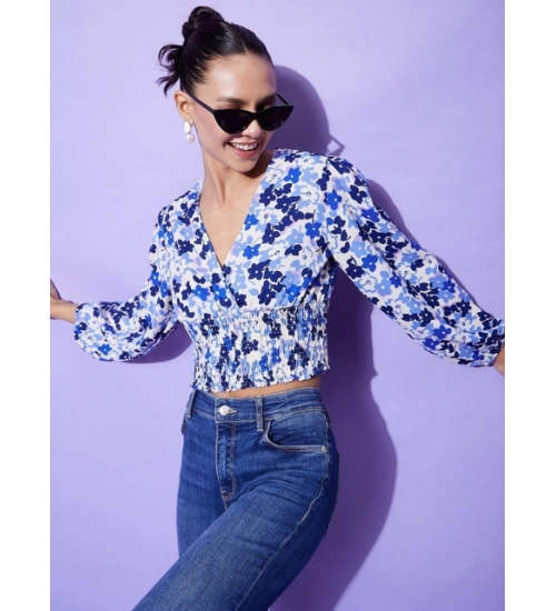 Women's Polyester Floral Long Sleeves Top (Blue)