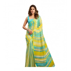 Women's Linen Cotton Printed Ready To Wear With Pocket Saree With Unstitched Blouse 5.5 Mtr (Light_Aqua_Blue)