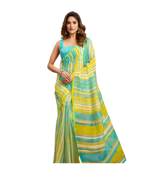 Women's Linen Cotton Printed Ready To Wear With Pocket Saree With Unstitched Blouse 5.5 Mtr (Light_Aqua_Blue)