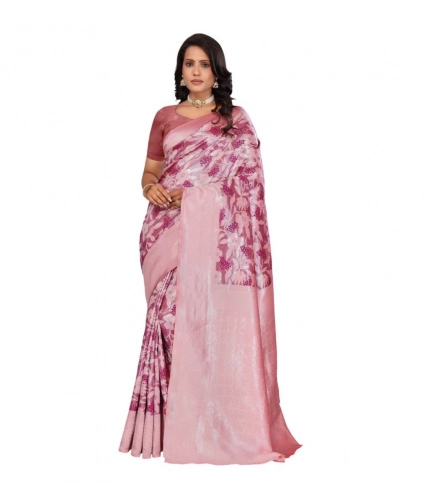 Women's Banarasi Silk Jaquard Woven Saree With Unstitched Blouse 5.5Mtr (Pink)