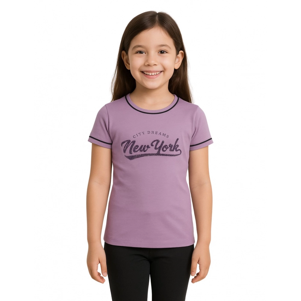 Girl's Cotton Printeded Round Neck T-Shirt (Lavander) Girl's Cotton Printeded Round Neck T-Shirt (Lavander)
