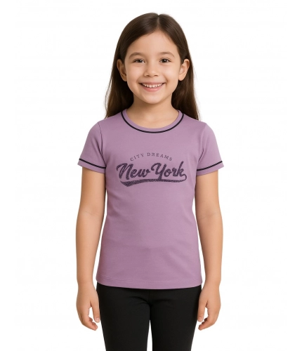 Girl's Cotton Printeded Round Neck T-Shirt (Lavander)
