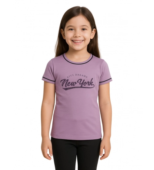 Girl's Cotton Printeded Round Neck T-Shirt (Lavander)