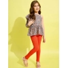 Girl's Polyester Floral One Shoulder Jeggings Set (Grey-Orange)