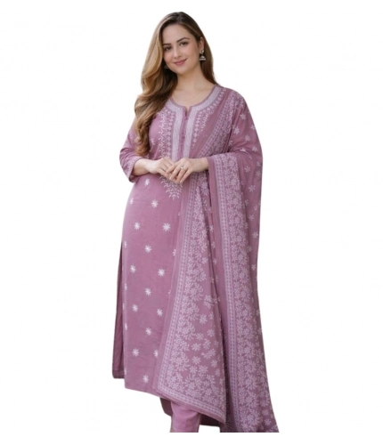 Women's Chanderi Silk Ethnic Motif Round 3/4th Sleeve Kurti With Pant Dupatta Set (Peach)