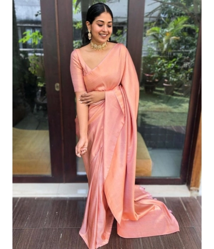 Women's Litchi silk Printed Saree With Unstitched Blouse (Peach)