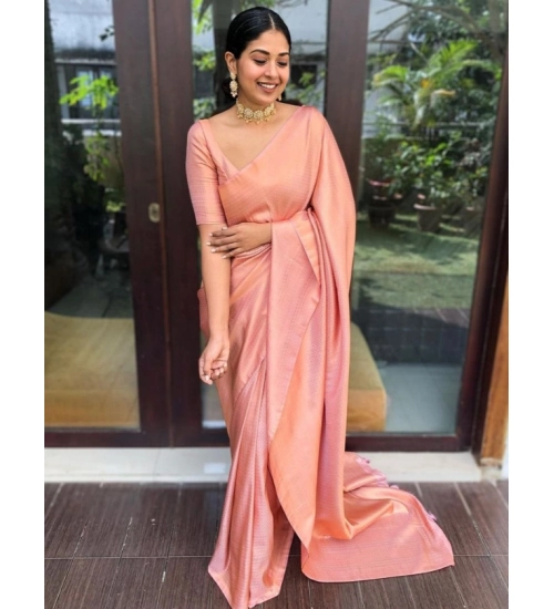 Women's Litchi silk Printed Saree With Unstitched Blouse (Peach)