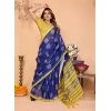 Women's Linen Cotton Printed Saree With Unstitched Blouse 5.5Mtr (Blue)