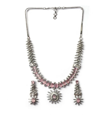Women's Brass Silver Plated Necklace set (Pink)