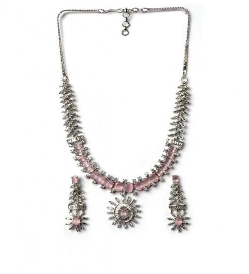 Women's Brass Silver Plated Necklace set (Pink) Women's Brass Silver Plated Necklace set (Pink)