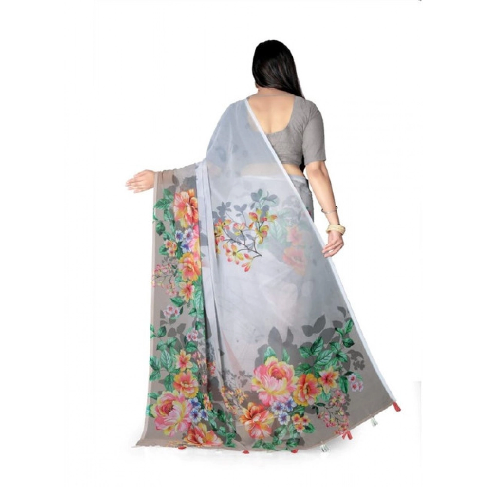 Women's Georgette Floral Printed Saree With Unstitched Blouse 5.5Mtr (Grey)