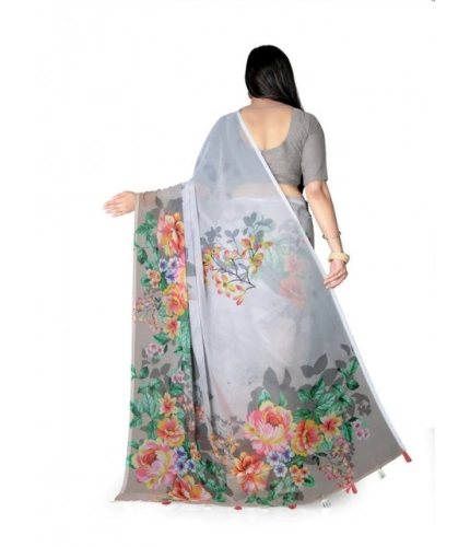 Women's Georgette Floral Printed Saree With Unstitched Blouse 5.5Mtr (Grey)