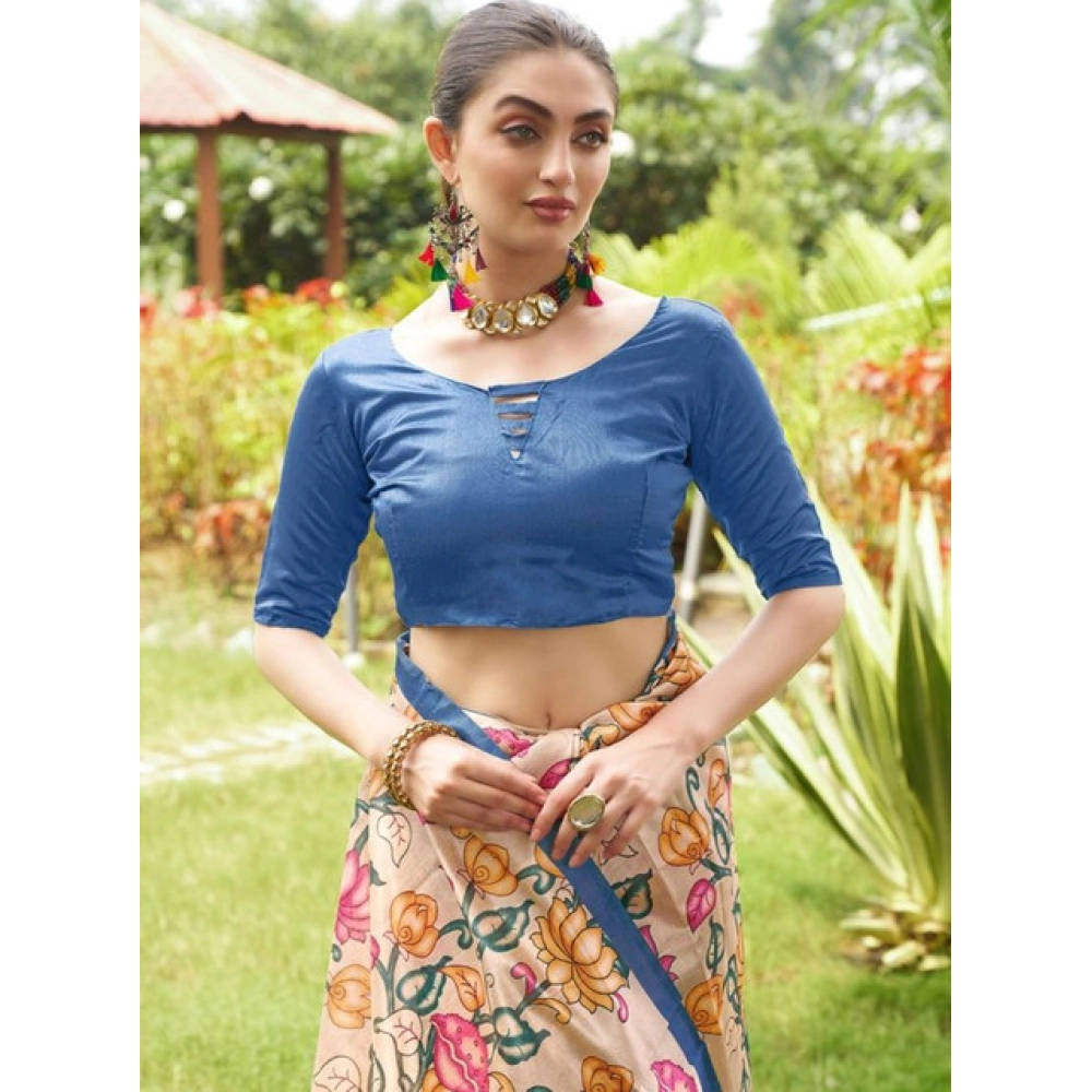 Women's Faux_Tussar Kalamkari_Print Saree With Unstitched Blouse 5.5Mtr (Blue) Women's Faux_Tussar Kalamkari_Print Saree With Unstitched Blouse 5.5Mtr (Blue)