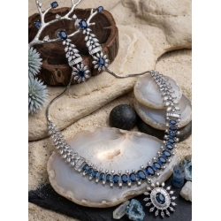 Women's Brass Silver Plated Necklace set (Blue)
