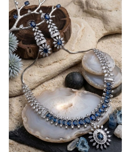 Women's Brass Silver Plated Necklace set (Blue)