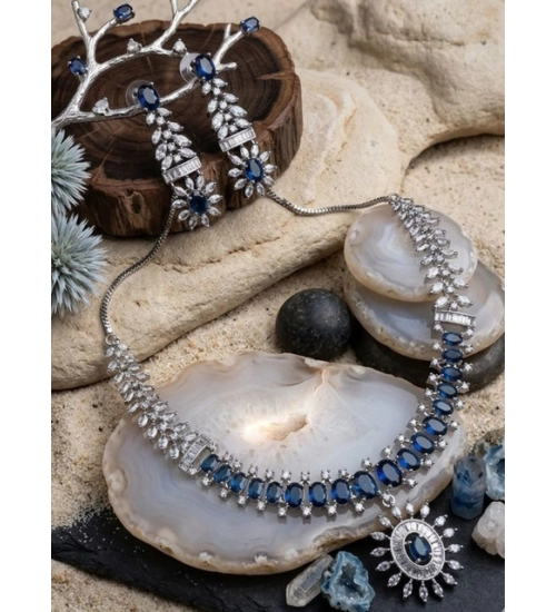 Women's Brass Silver Plated Necklace set (Blue)