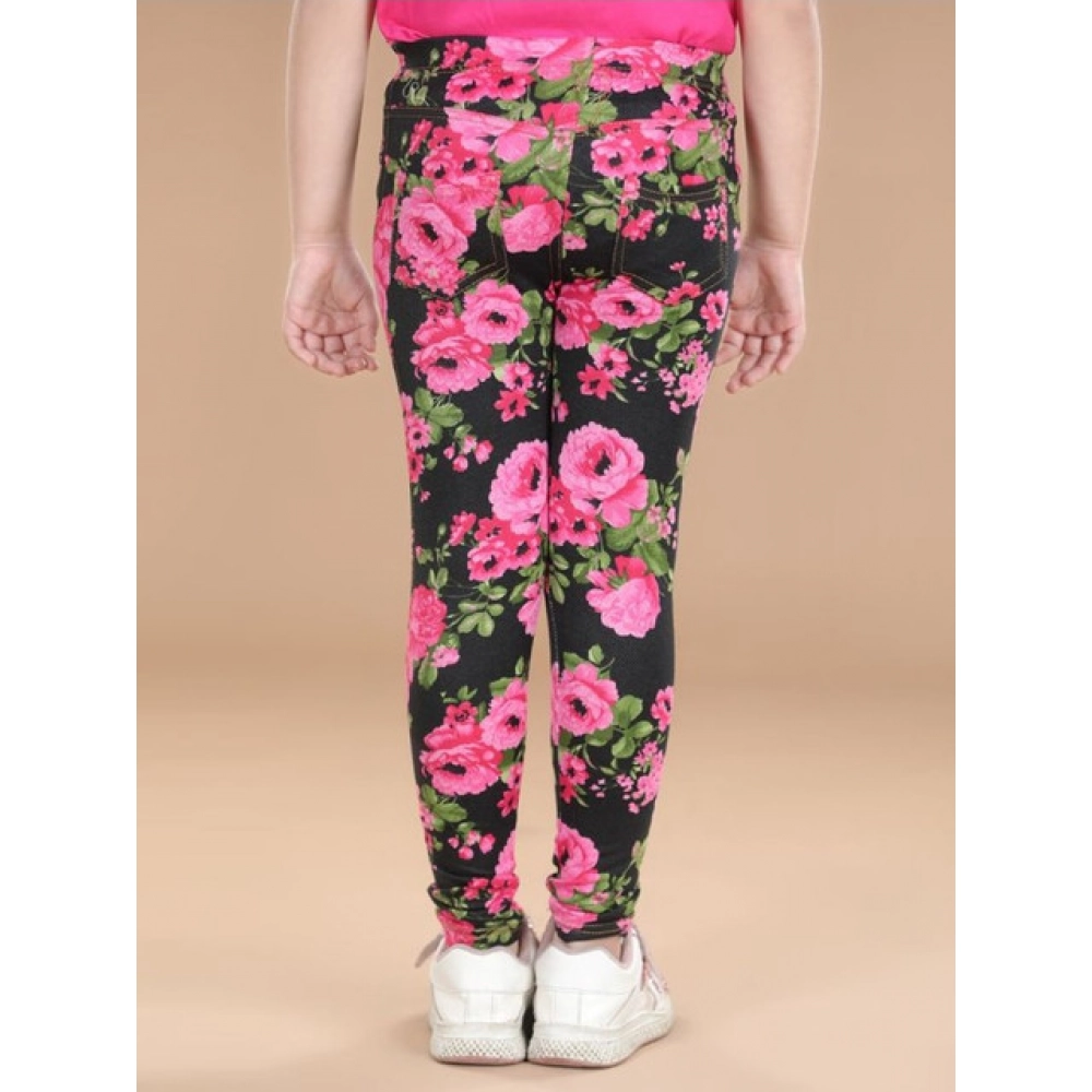 Girl's Cotton Lycra Floral Elasticated Jeggings (Black-Pink) Girl's Cotton Lycra Floral Elasticated Jeggings (Black-Pink)