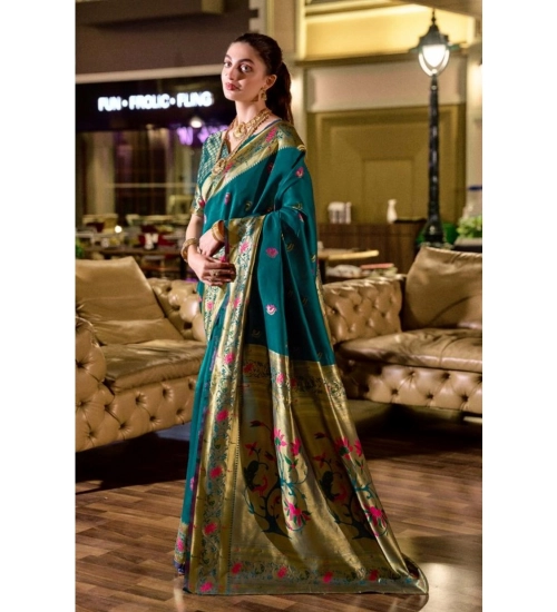 Women's Silk Blend Zari Woven Saree With Unstitched Blouse 5.5Mtr (Teal)