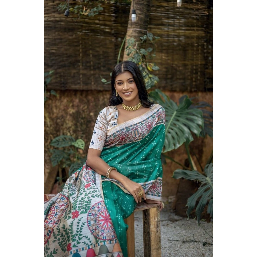 Women's Faux_Tussar Geometric_Print Saree With Unstitched Blouse 5.5Mtr (Rama_Green) Women's Faux_Tussar Geometric_Print Saree With Unstitched Blouse 5.5Mtr (Rama_Green)