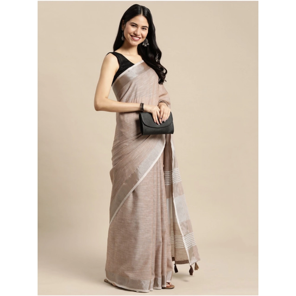 Women's Linen Cotton Printed Saree With Unstitched Blouse 5.5Mtr (Beige) Women's Linen Cotton Printed Saree With Unstitched Blouse 5.5Mtr (Beige)