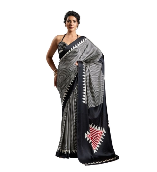 Women's Satin Crepe Printed Saree With Unstitched Blouse 5.5Mtr (Black)